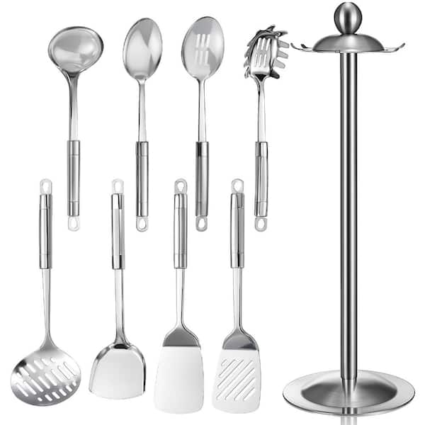 9-Piece 18/0 Stainless Steel Cooking Utensil Set with Holder, Dishwasher-Safe Polished Kitchen Tools for Daily Use