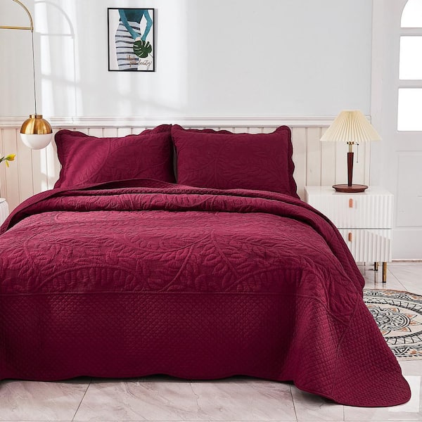 3-Piece Wine Burgundy Embroidery 100% Cotton Lightweight Queen Size Quilt Set