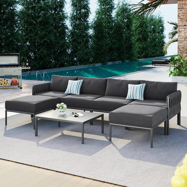 Sudzendf 6-Piece Aluminum Conversation Set Patio Outdoor Sectional Set with Gray Cushions