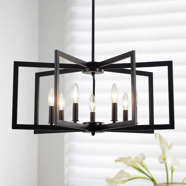7-Light Farmhouse Rectangular Black Hanging Linear Island Chandelier Lighting for Kitchen Island