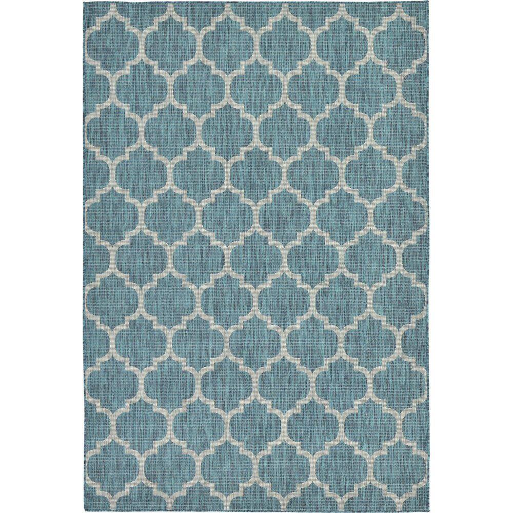 Teal Blue Rectangular Synthetic Outdoor Area Rug - Easy Care and Stain-resistant