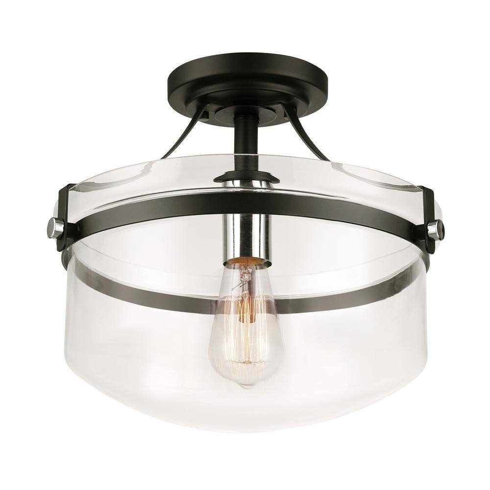 Globe Electric Ella 13 in. 1-Light Matte Black Semi-Flush Mount with ...