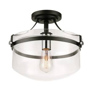 Ella 13 in. 1-Light Matte Black Semi-Flush Mount with Chrome Accents and Clear Glass Shade, Incandescent Bulb Included