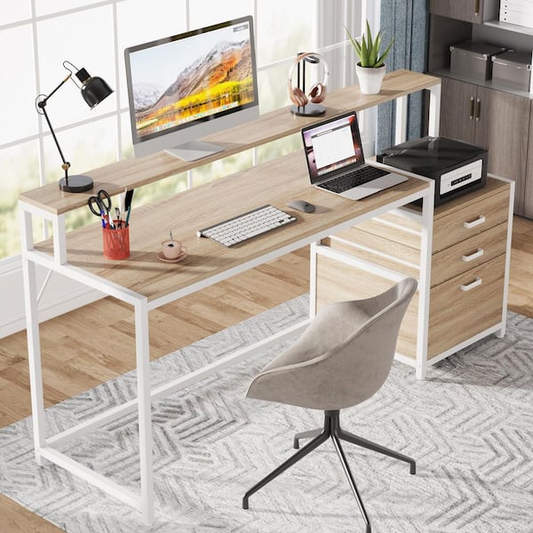 BYBLIGHT Capen 63 in. Rectangle Natural White Engineered Wood Computer Desk Office Table Workstation 3-Drawer/Monitor Stand/Hutch