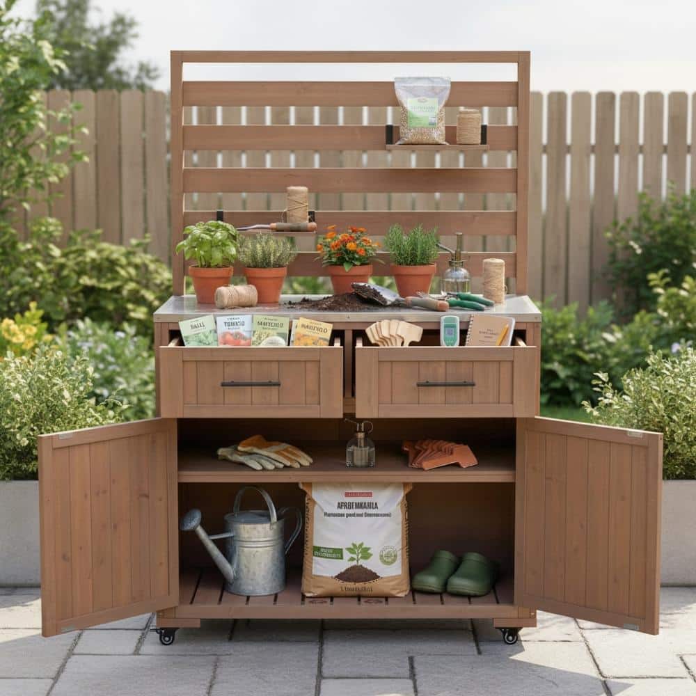 41.7 in. W x 19.3 in. D Brown Outdoor Wood Potting Bench, Kitchen Island with Stainless Table Top price history on PriceWatchPro