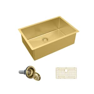 27 in. Undermount Single Bowl 18-Gauge Gold Stainless Steel Kitchen Sink with Accessories