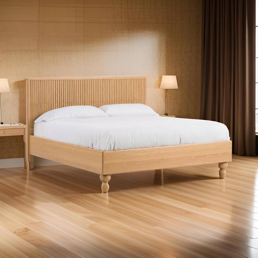 Cid Natural Brown Wood Frame King Panel Bed with Panel Headboard