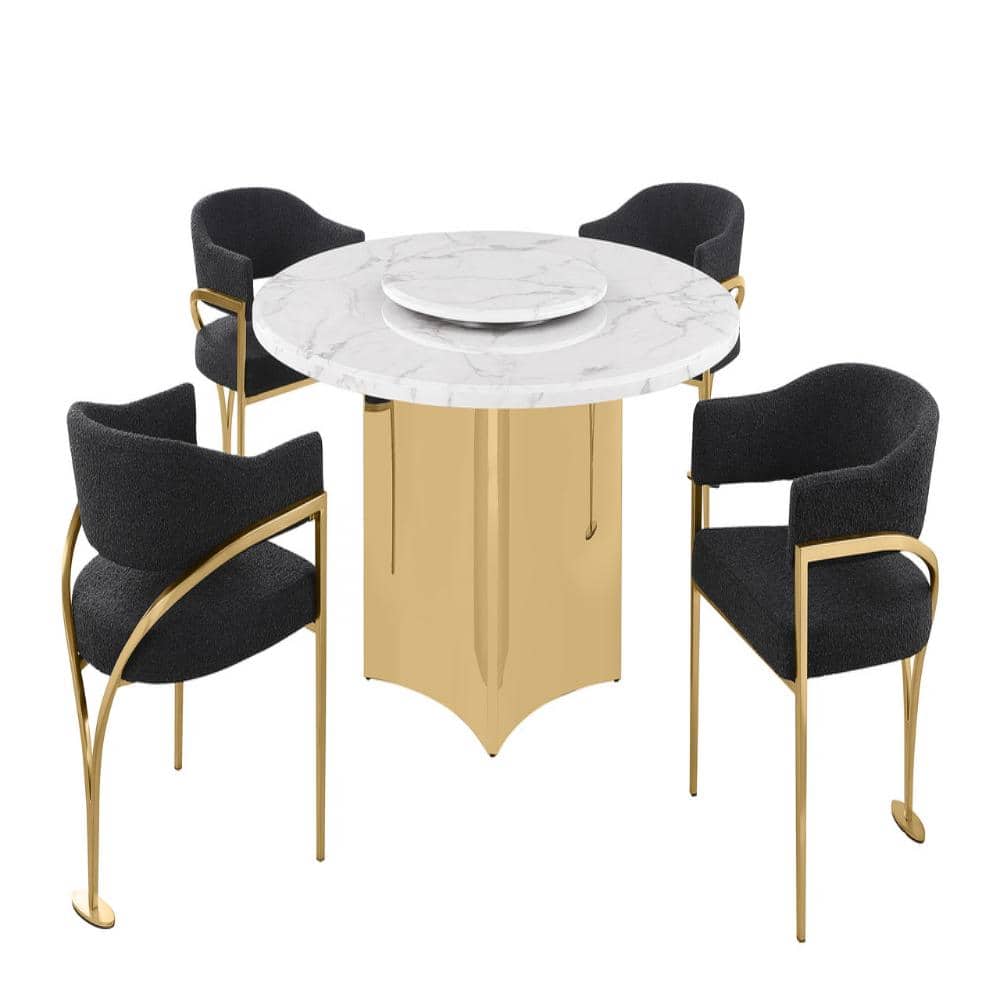 Camryn 5-Piece Round White Marble Top With Lazy Susan Gold Stainless Steel Base Dining Set With 4 Black Chairs price history on PriceWatchPro