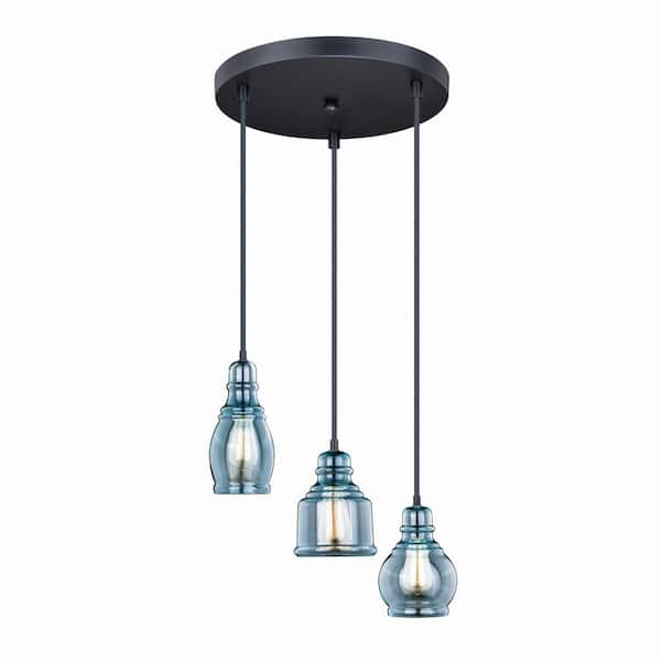 VAXCEL Millie 3-Light Bronze Farmhouse Jar Pendant Chandelier Ceiling Light Fixture Blue Glass
