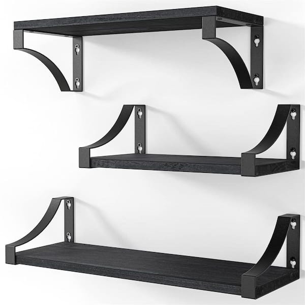 Cubilan 5.9 in. x 16.4 in. x 4.3 in. Black Wood Floating Decorative Wall Shelves with Metal Brackets (Set of 3)
