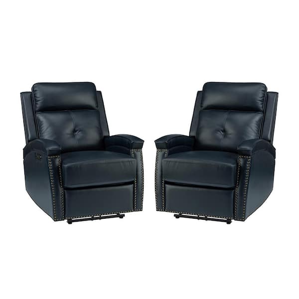 JAYDEN CREATION Hermann Navy Genuine Leather Power Recliner With Bronze Nailhead Trim Set of 2