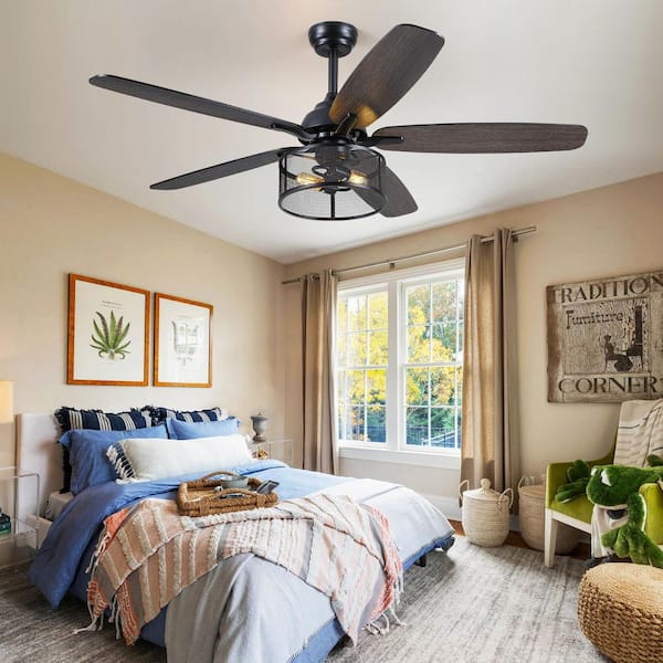 56 in. Indoor/Outdoor Farmhouse Industrial Caged Black Ceiling Fan with Light and Remote
