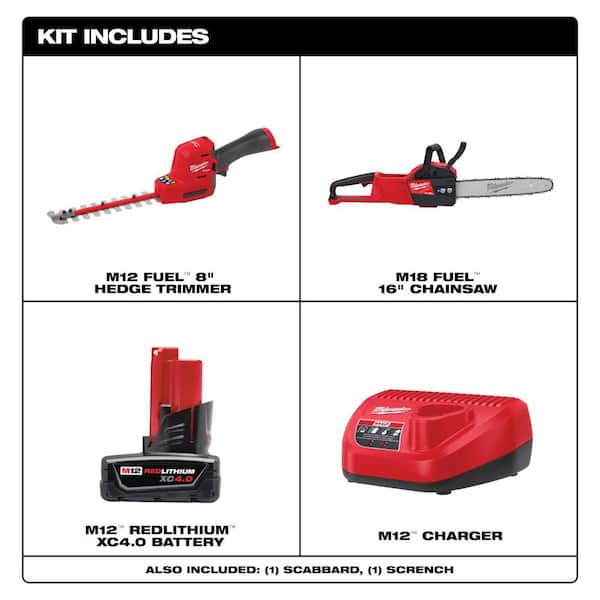 M12 FUEL 8 in. 12V Lithium-Ion Brushless Cordless Hedge Trimmer Kit with M18 FUEL 14 in. Chainsaw (2-Tool)