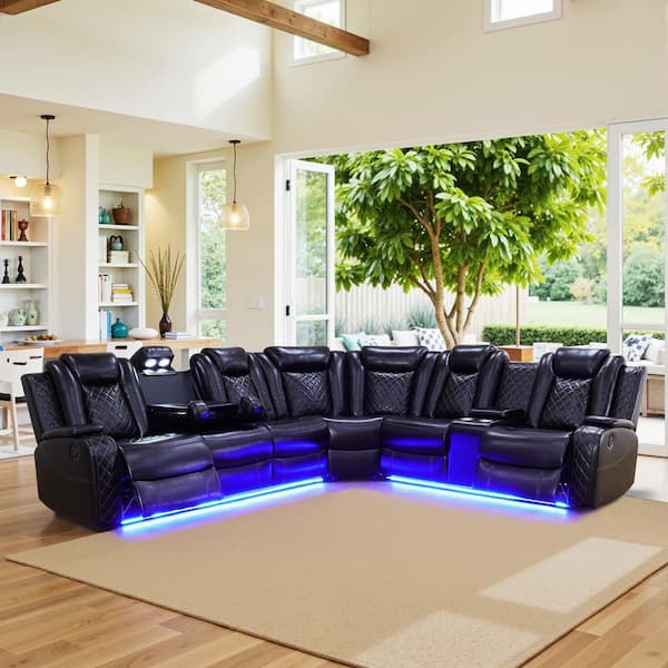 210 in. Overall Straight Arm Leather L-Shape Recliner Sofa Set in Black, 6 Seats Sectional with USB, Wireless Charging