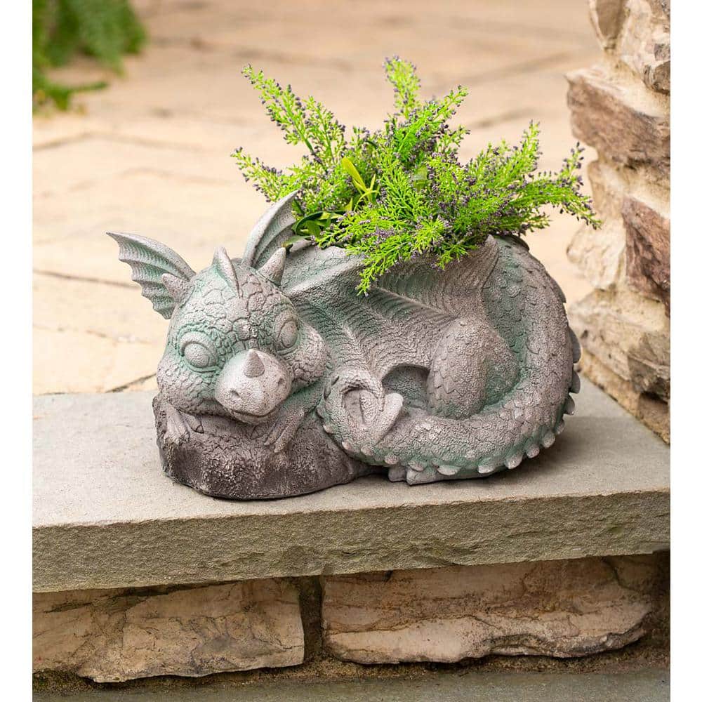 Gray Resin Sleeping Baby Dragon Indoor/Outdoor Planter Statue