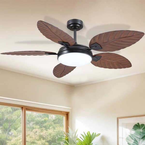 52 in. Indoor/Outdoor Retro Palm Leaf Blades Downrod Black Ceiling Fan with Dimmable LED Light and Remote/APP Control