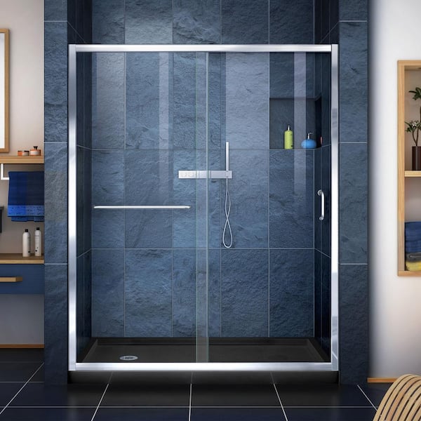DreamLine Infinity-Z 34 in. x 60 -Frameless Sliding Shower Door in Chrome with Left Drain Shower Base in Black