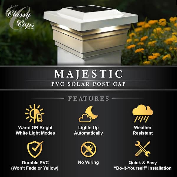 CLASSY CAPS Majestic 5 in. x 5 in. Outdoor White Vinyl LED Solar Post Cap (2-Pack)