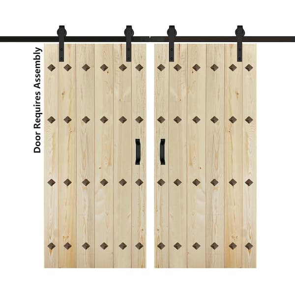 ISLIFE Mid-Century New Style 72 in. x 84 in. Unfinished Solid Wood Double Sliding Barn Door with Hardware Kit