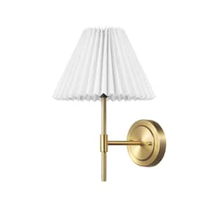 Clarissa 9.5 in. 1-Light Matte Brass Wall Sconce with White Pleated Fabric Shade