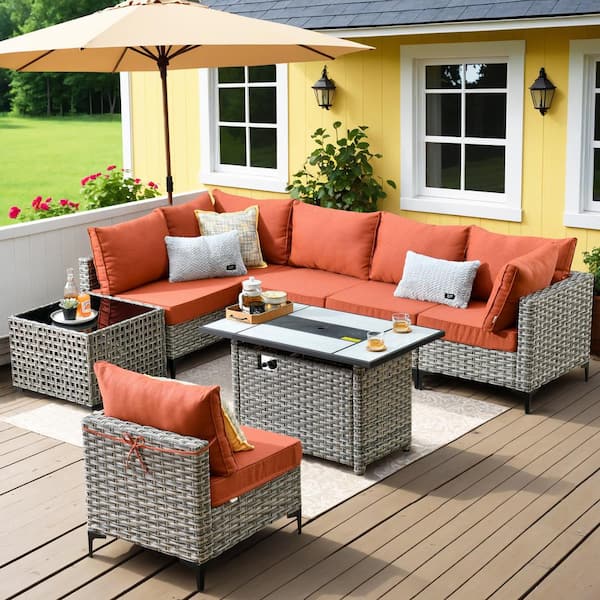 HOOOWOOO Holston 8-Piece Wicker Modern Outdoor Patio Rectangular Fire Pit Conversation Sofa Sectional Set with Red Cushions
