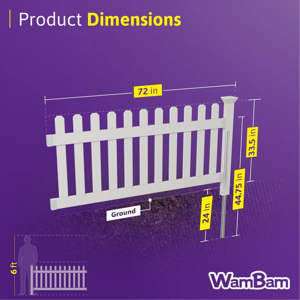 3ft H x 6ft W White Vinyl No Dig Picket Fence Panel