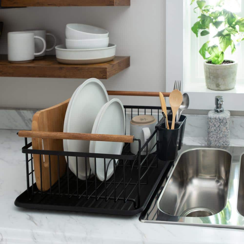 Acacia Wood and Black Metal Dish Drying Rack with Utensil Cup