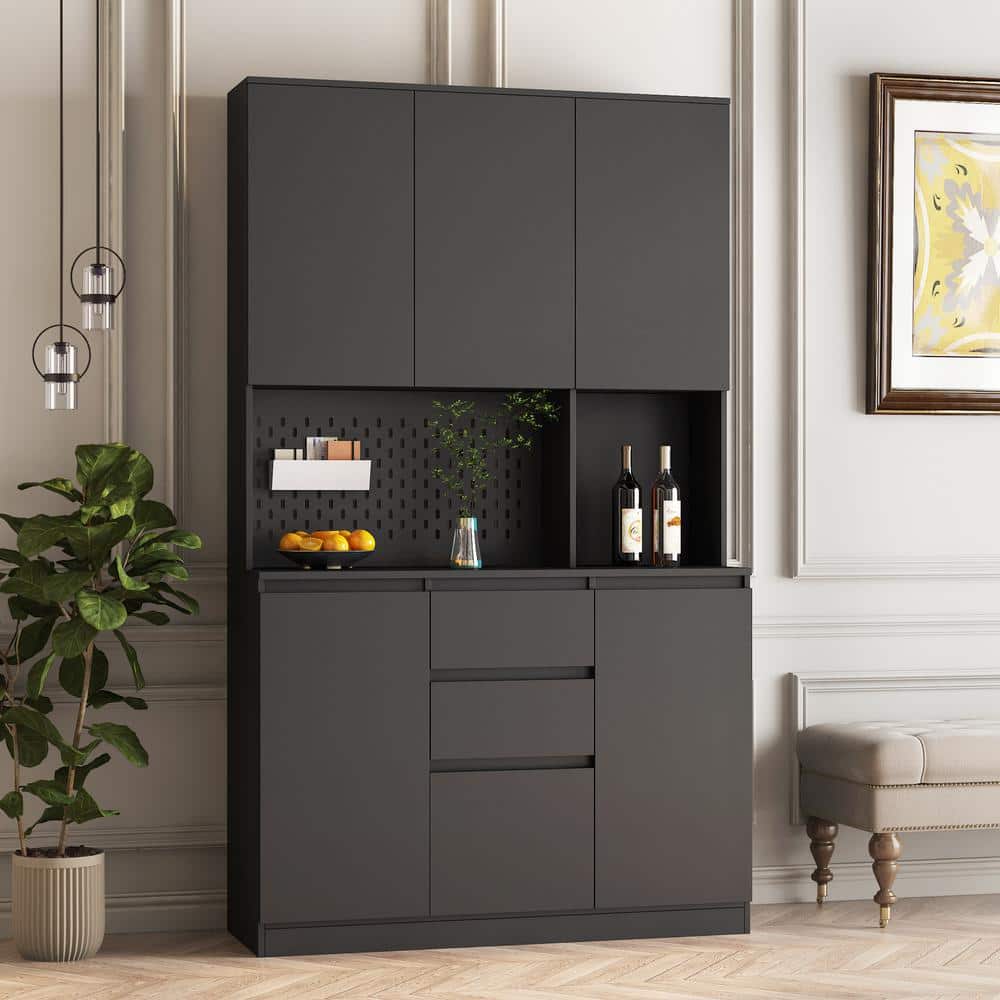 J&E Home 74 in. H Black Living Room Kitchen Storage Cabinet with ...