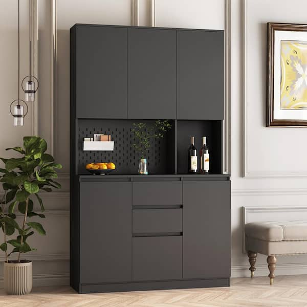 74 in. H Black Living Room Kitchen Storage Cabinet with Sliding Door with Charging Station, Drawer