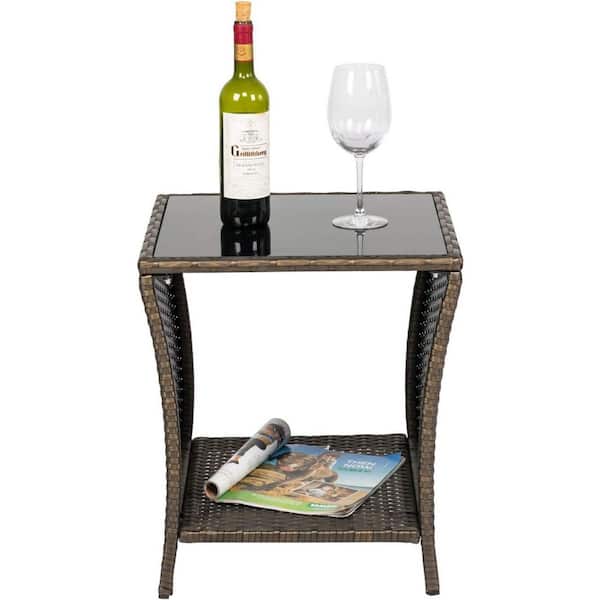 Unbranded Brown Wicker Side Table Outdoor Square Tempered Glass Top Outdoor Table with Storage Space