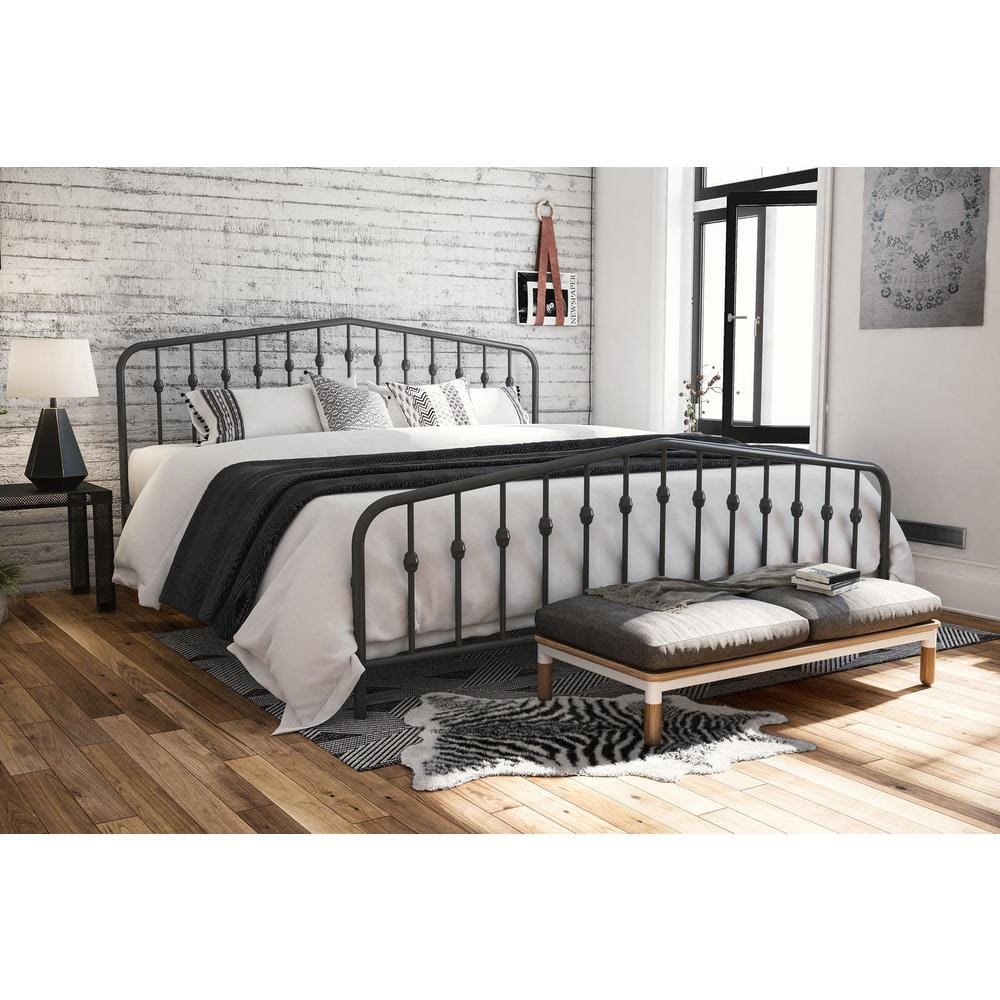 King-Size Gunmetal Gray Metal Bed with Upholstered Headboard and Storage Drawer