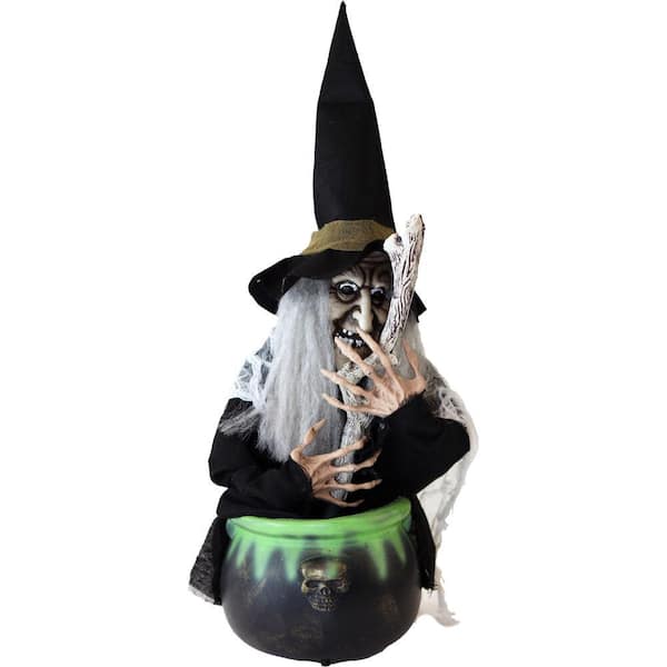 Haunted Hill Farm 19 in. Battery Operated Animated Witch with Red and Green LED Eyes Halloween Prop