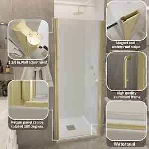 34-35 in. W x 72 in. H Pivot Frameless Swing Corner Shower Panel with Shower Door in Brushed Gold with Clear Glass