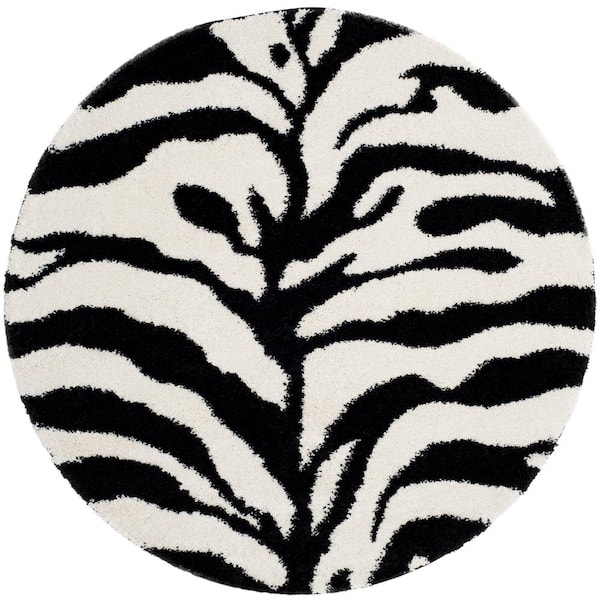 SAFAVIEH Florida Shag Ivory/Black 5 ft. x 5 ft. Round Animal Print Area Rug