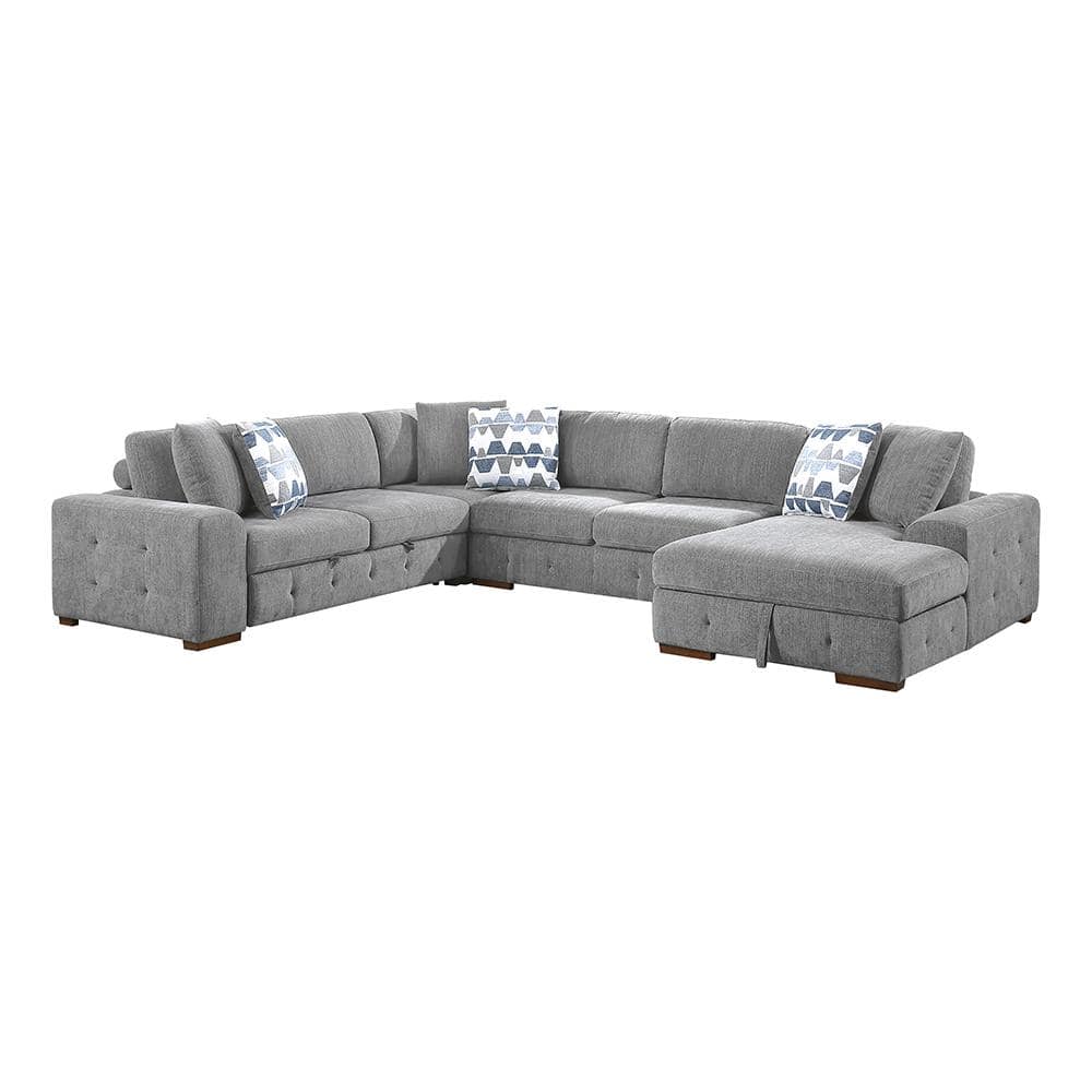 Laconia 143 in. Straight Arm 4-Piece Chenille Sectional Sofa in Gray with R