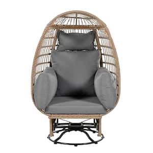 Natural Rattan Wicker Outdoor Patio Swivel Swing Chair with Rocking Function with Grey Cushions