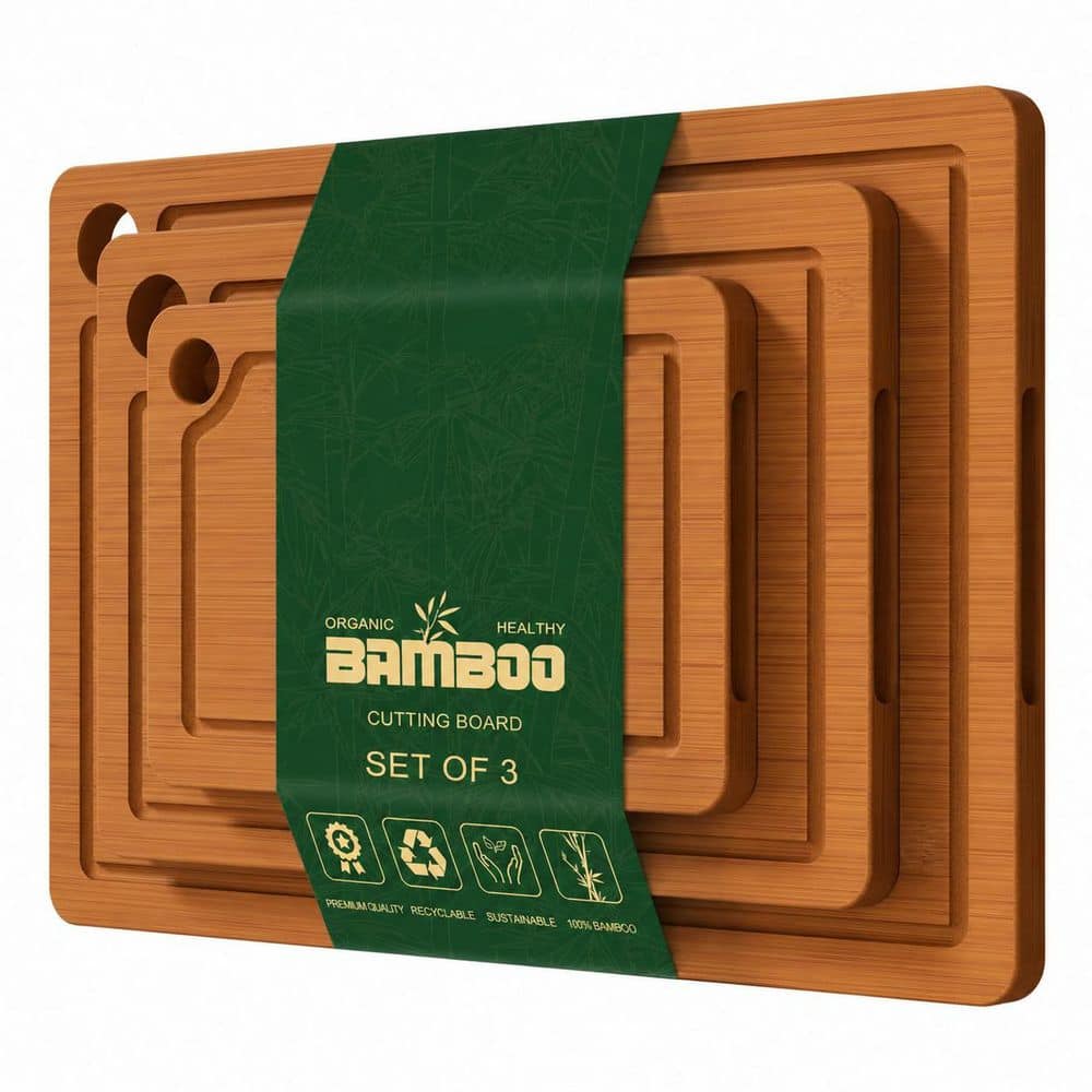 LAIFUCAM 3-Piece Natural Carbonized Bamboo Wood Cutting Board Set