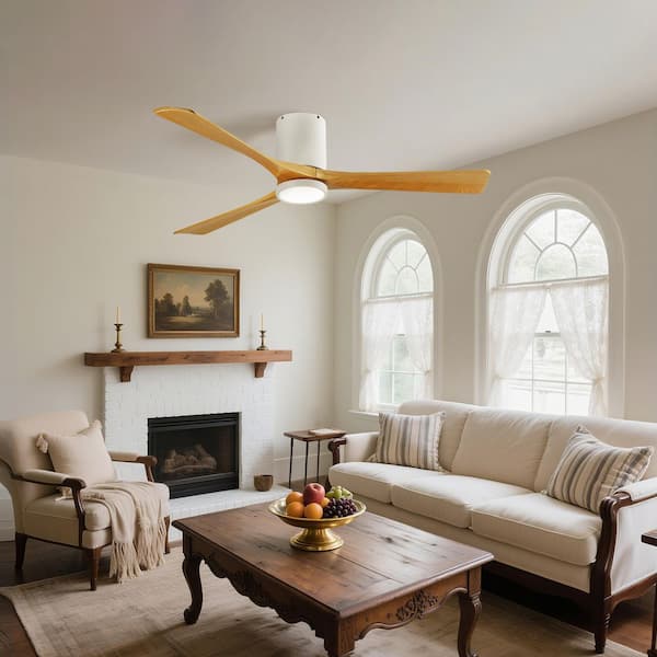 LINJO 42 in. Indoor White Hugger Flush Mount Ceiling Fan with 3 Solid Dark Brown Wood Blades and Full Spectrum Light