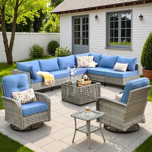 Aquarius 10-Piece Wicker Patio Conversation Seating Sofa Set with Blue Cushions and Swivel Rocking Chairs