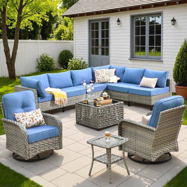 XIZZI Aquarius 10-Piece Wicker Patio Conversation Seating Sofa Set with Blue Cushions and Swivel Rocking Chairs