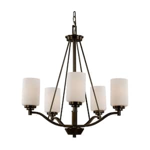 Mod Pod 5-Light Oil Rubbed Bronze Candle Chandelier Light Fixture with Frosted Glass Cylinder Shades