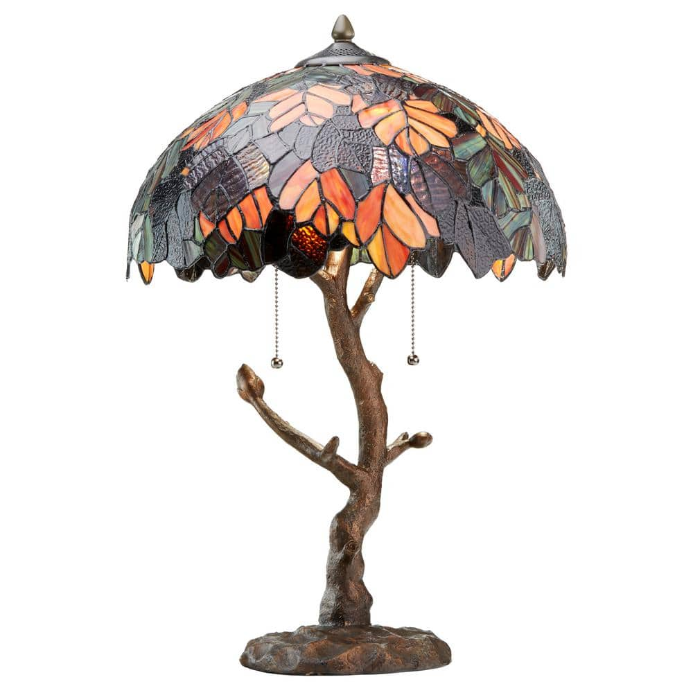 Tiffany Style popular Stained Glass Blue/Green Wisteria Table Lamp W/ Tree Trunk Base