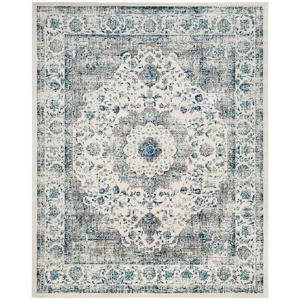 Evoke Ivory/Gray 12 ft. x 18 ft. Distressed Border Medallion Area Rug