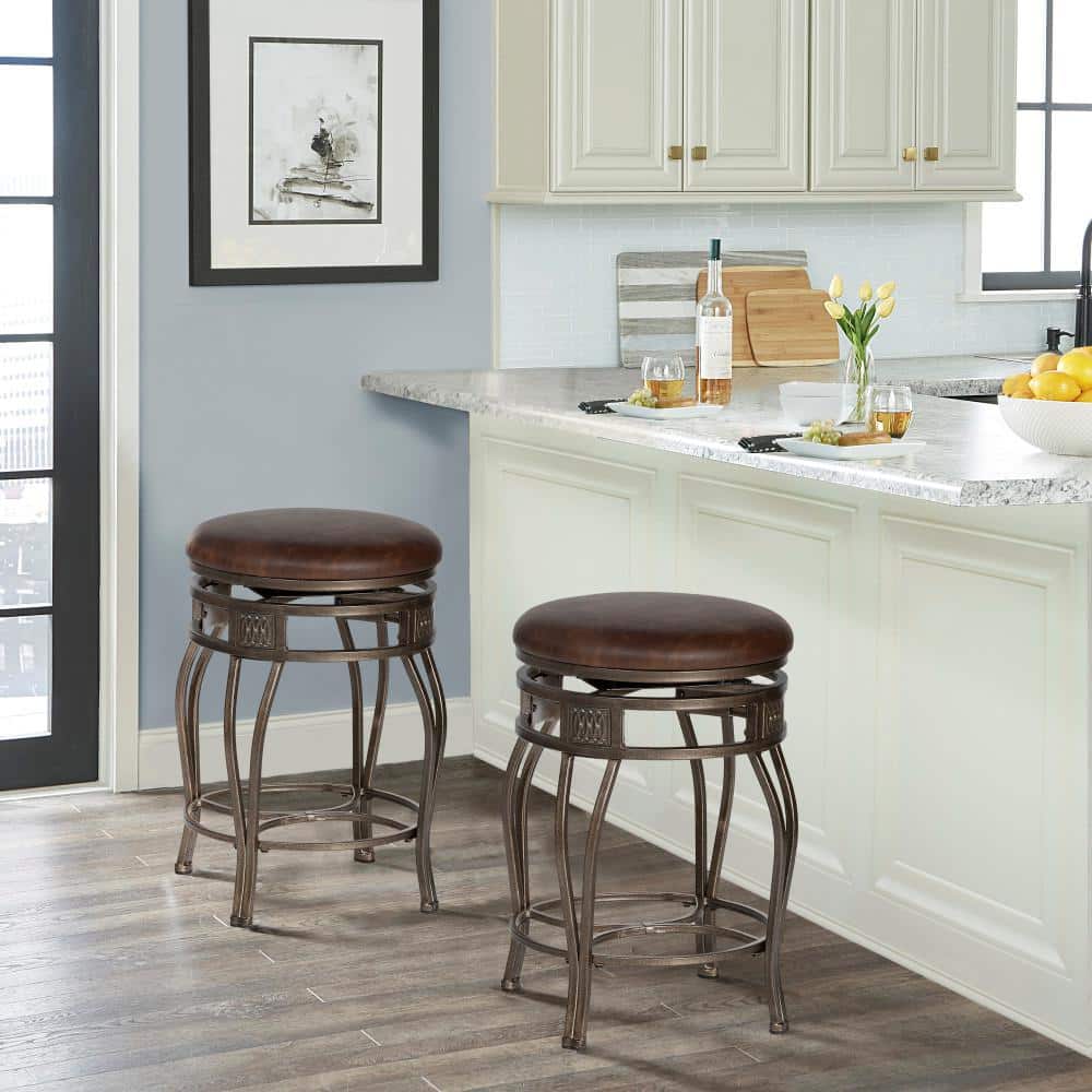 Brown Faux Leather Swivel Counter Stool with Steel Frame