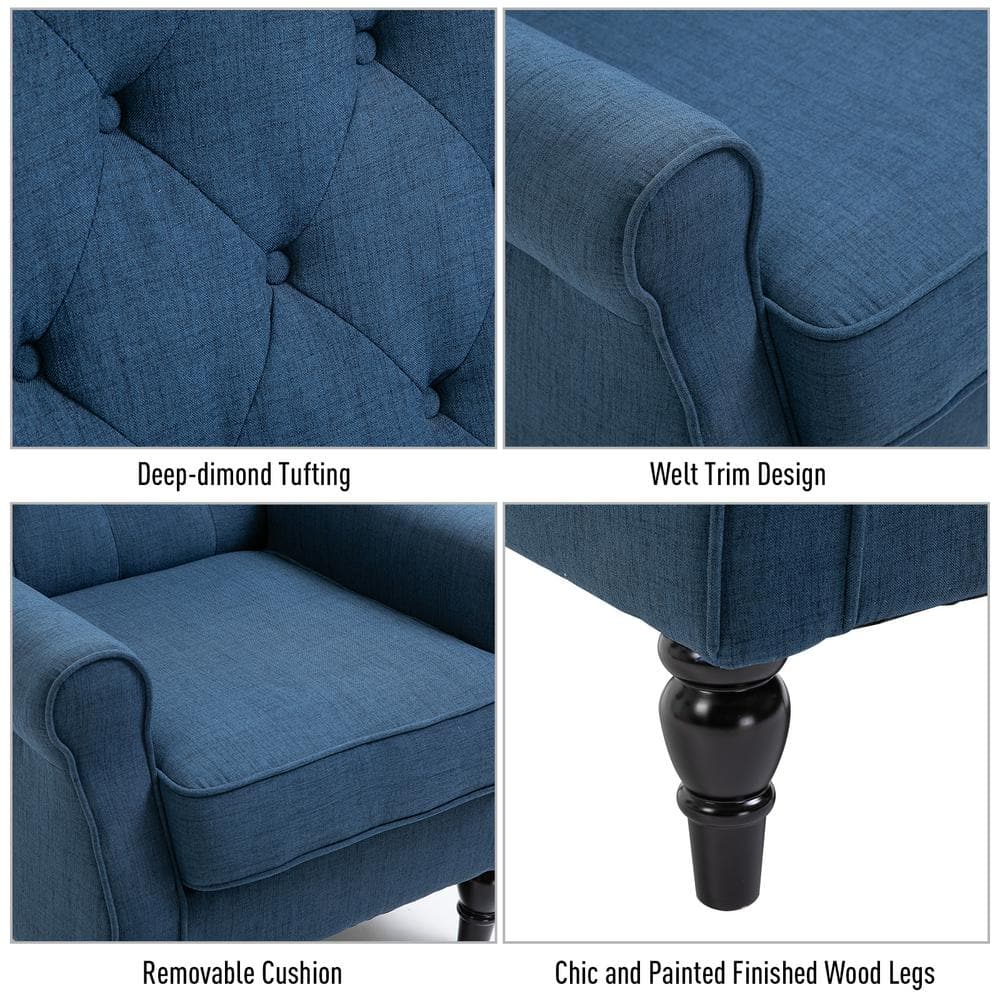 Blue Button-Tufted High Wingback Accent Chair with Wood Legs