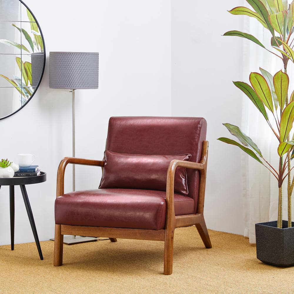 Burgundy Faux Leather Barrel Accent Chair with Wood Frame