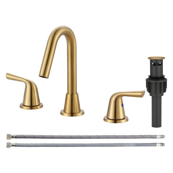 AVITAS 8 in. Widespread Double Handle Bathroom Faucet with Drain Kit and Supply Lines Included in Spot Resist Brushed Gold