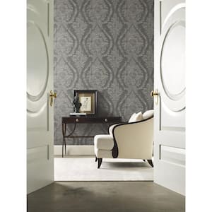 Ronald Redding Grey Charleston Damask Paper Unpasted Matte Wallpaper (27 in. x 27 ft.)