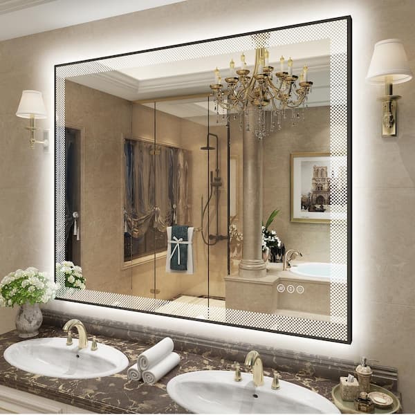 Apmir 48 in. W x 40 in. H Rectangular Framed Checkerboard LED Lighted Anti-Fog Tempered Glass Wall Bathroom Vanity Mirror