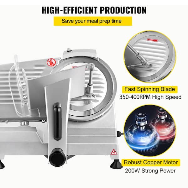 Commercial Meat Slicer is 200 W Electric, It has an 8 in. Carbon Steel Blade, 350-400 RPM, and 0-0.47 in.